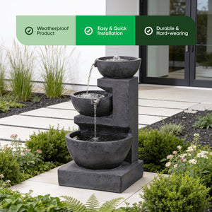 Solar-Powered 4-Tier Cascading Black Ceramic Water Feature with Battery Backup