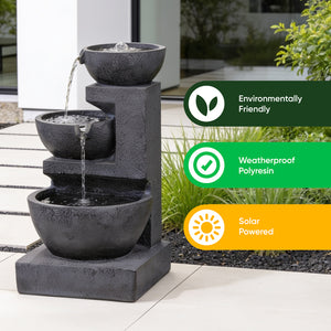 Solar-Powered 4-Tier Cascading Black Ceramic Water Feature with Battery Backup