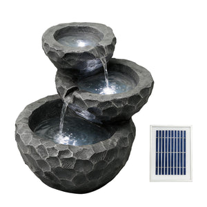 Solar Powered Three-Tiered Rock Water Feature with Battery Backup