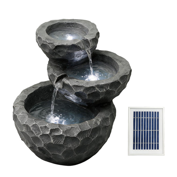 Solar Powered Three-Tiered Rock Water Feature with Battery Backup