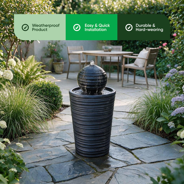 Solar Powered Round Ball & Plinth Water Feature with LED Light & Battery Backup