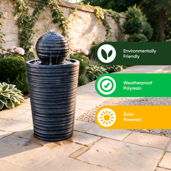 Solar Powered Round Ball & Plinth Water Feature with LED Light & Battery Backup