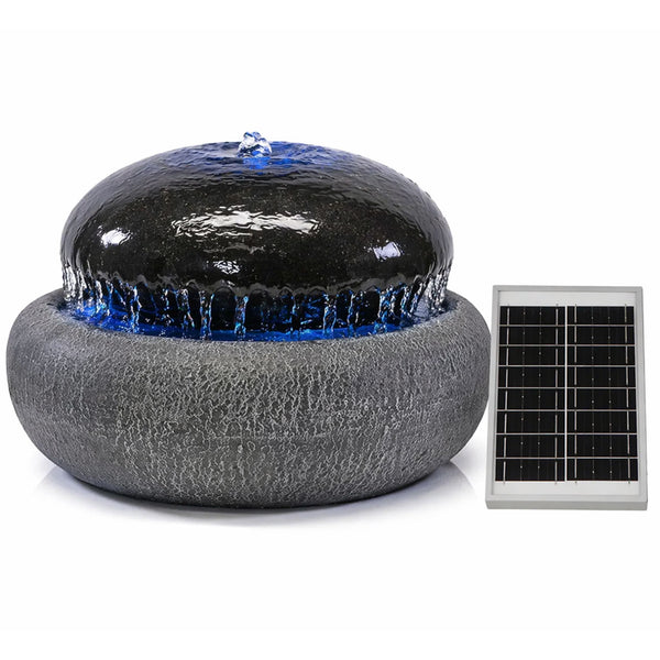 Solar Water Feature – Black Pebble Fountain with LED Lights & Battery Backup