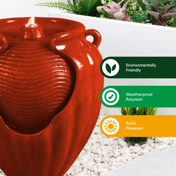 Solar Powered Red Vase Water Feature with LED Light & Battery Backup