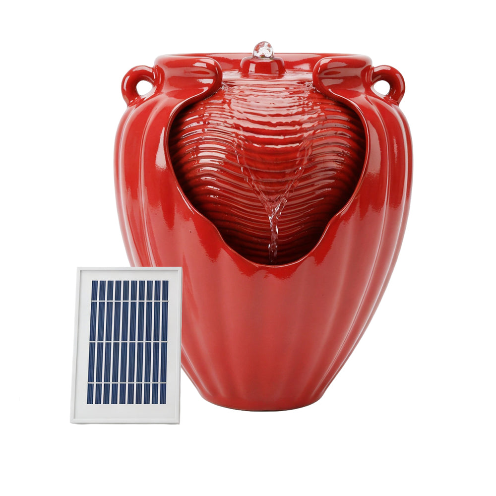 Solar Powered Red Vase Water Feature with LED Light & Battery Backup