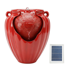 Solar Powered Red Vase Water Feature with LED Light & Battery Backup