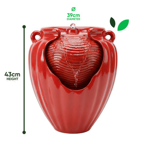 Solar Powered Red Vase Water Feature with LED Light & Battery Backup