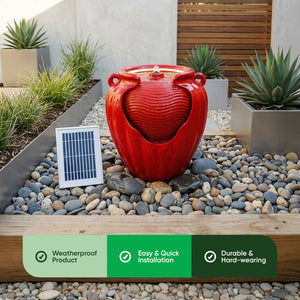 Solar Powered Red Vase Water Feature with LED Light & Battery Backup