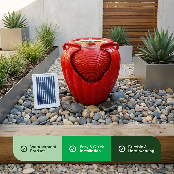 Solar Powered Red Vase Water Feature with LED Light & Battery Backup