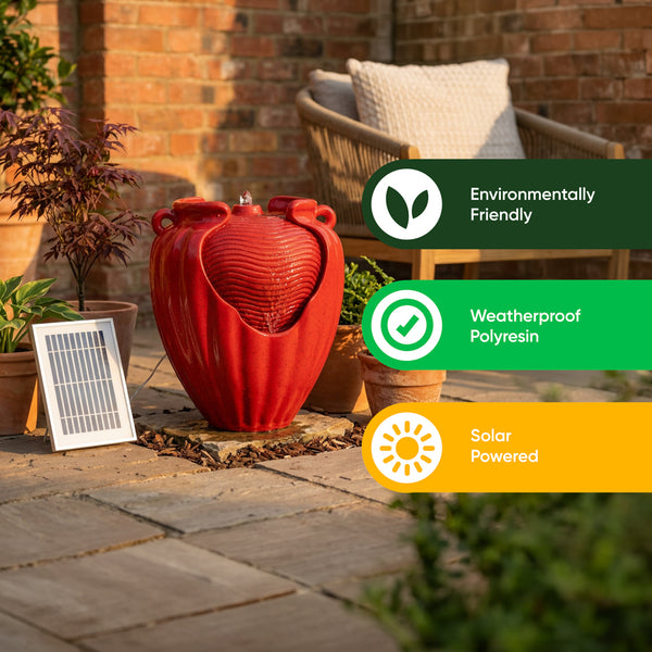 Solar Powered Red Vase Water Feature with LED Light & Battery Backup