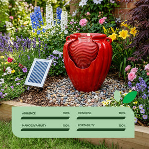 Solar Powered Red Vase Water Feature with LED Light & Battery Backup