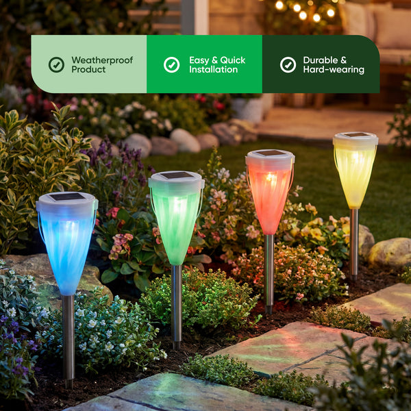 Pack of 4 Colour Changing Solar Stake Lights – Multi-Colour LED Garden Lights