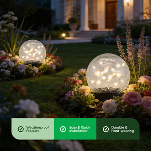 Pack of 2 Solar Crackle Ball LED Lights – Warm White Glass Globe Garden Lights