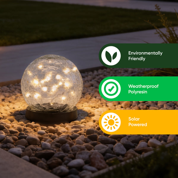 Pack of 2 Solar Crackle Ball LED Lights – Warm White Glass Globe Garden Lights