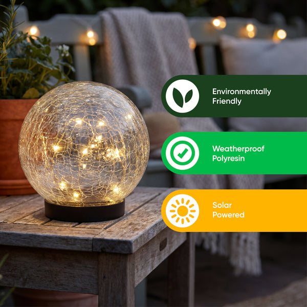 Giant 15cm Solar Crackle Glass Sphere Light – Warm White LED Garden Globe