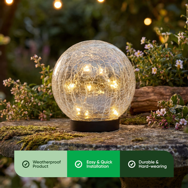 Giant 15cm Solar Crackle Glass Sphere Light – Warm White LED Garden Globe