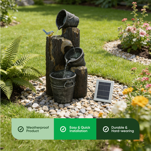 Solar Cascading Woodland Water Feature with Battery Backup & LED Light – Garden Fountain for Patio, Decking & Outdoor Spaces