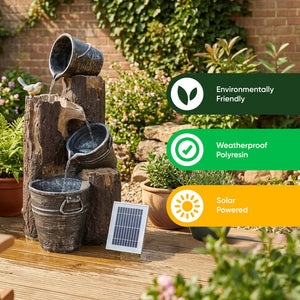 Solar Cascading Woodland Water Feature with Battery Backup & LED Light – Garden Fountain for Patio, Decking & Outdoor Spaces
