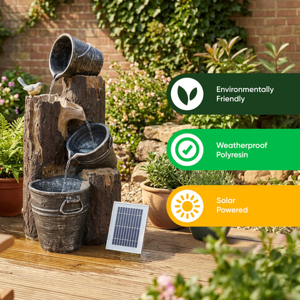 Solar Cascading Woodland Water Feature with Battery Backup & LED Light – Garden Fountain for Patio, Decking & Outdoor Spaces