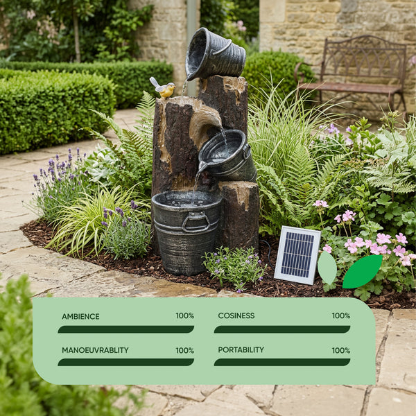 Solar Cascading Woodland Water Feature with Battery Backup & LED Light – Garden Fountain for Patio, Decking & Outdoor Spaces
