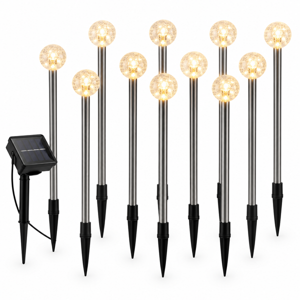 Pack of 10 Solar Ball Garden Stake Lights – Warm White LED