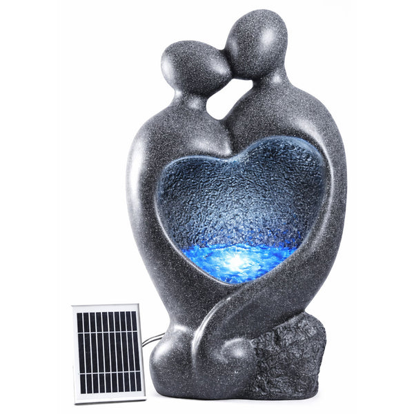 Solar Powered Carved Lovers Water Feature with LED Light & Battery Backup