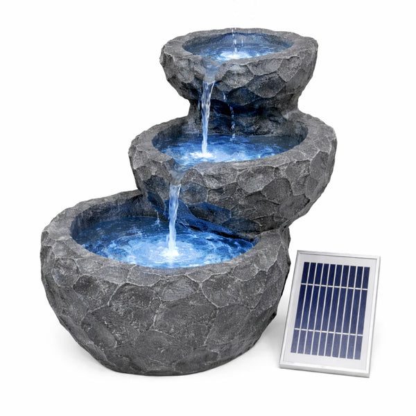 Solar Powered Three-Tiered Rock Water Feature with Battery Backup