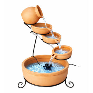 Solar Powered Cascading Terracotta Water Feature – 4 Tier Garden Fountain with Battery Backup