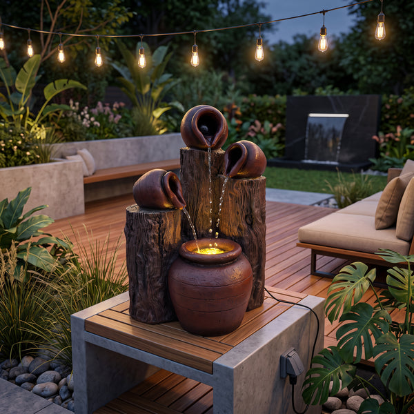 Urns & Tree Stump Solar Water Feature with LED Lights and Battery Backup